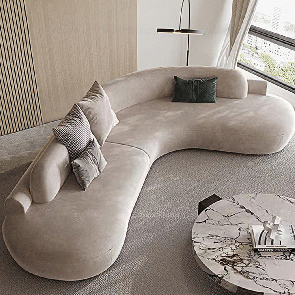Cosima Grey Four Seater, Five Seater Curved Sofa, Long Sofa, Velvet, side view of curved outdoor sofa