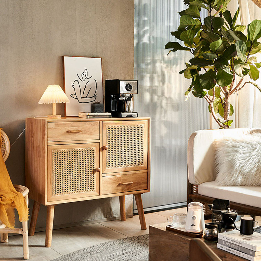Madeline Rattan Sideboard, Small, side view of modern small contemporary sideboard