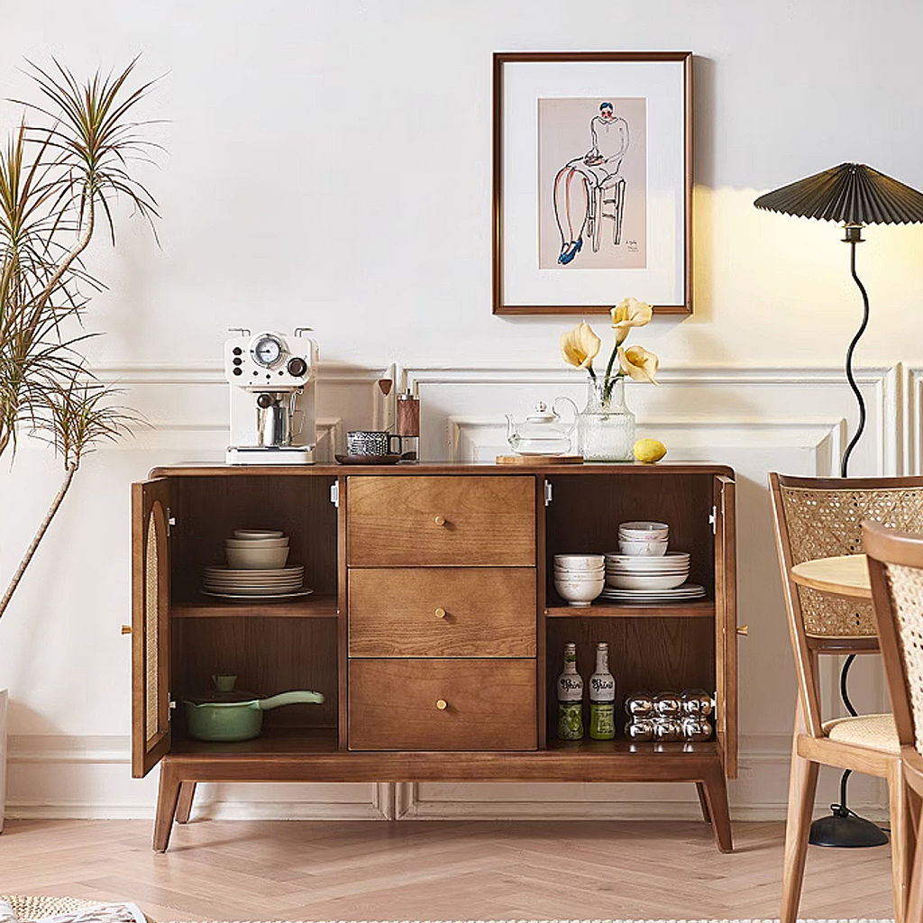 Luxander Vintage Sideboard, Walnut, side view of shabby chic sideboard
