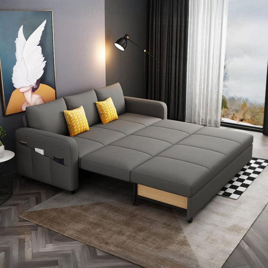 Gabriel Two Seater Sofa Bed, Linen, side view of beige sofa bed