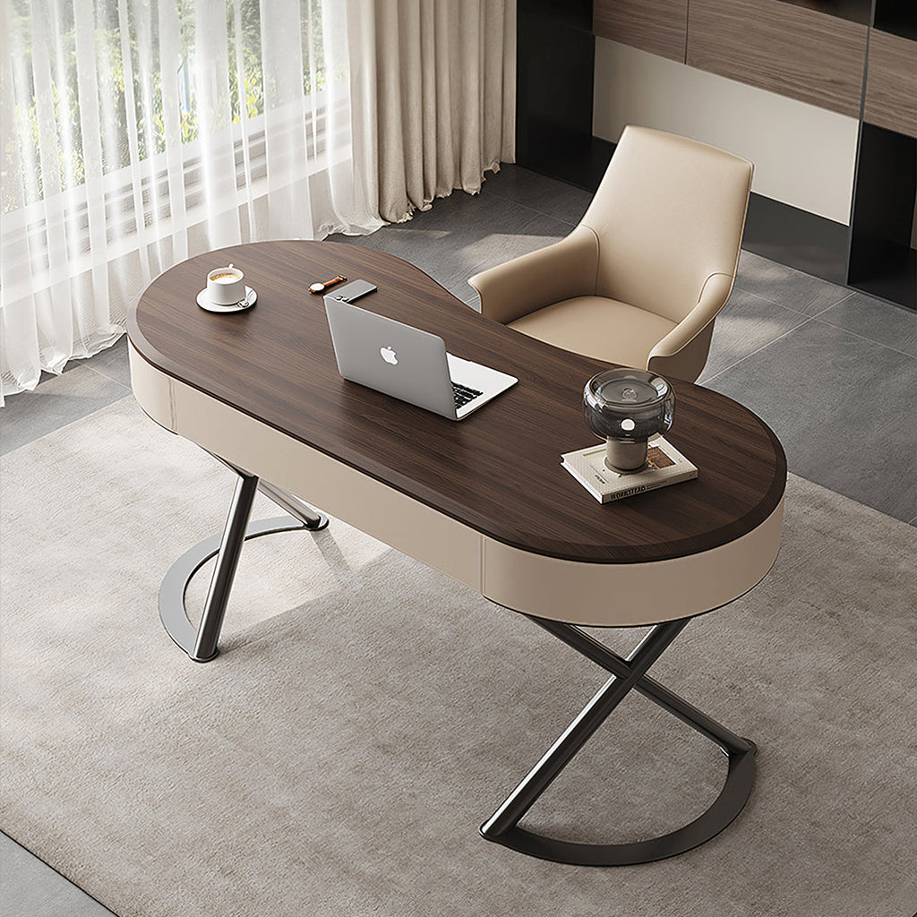 Chika Modern Office Desk For Home, Curved Office Desk, Wood, side view of dark wood office desk