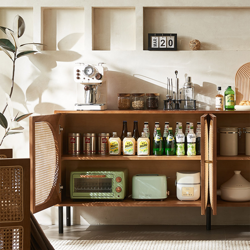 Booker Rattan Sideboard, Solid Wood, side view of small modern sideboard