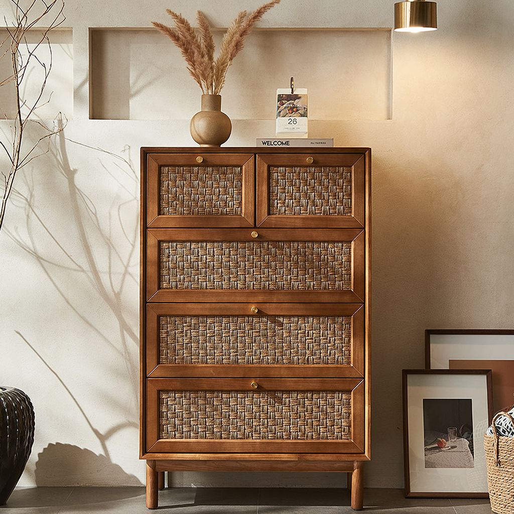 Zulu Art Deco Sideboard, Solid Wood, Walnut, side view of wooden cabinet sideboard