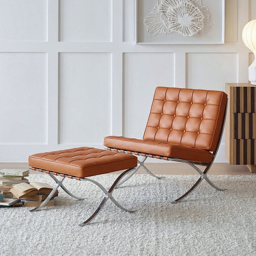 Barcelona Chair And Ottoman, Brown Leather