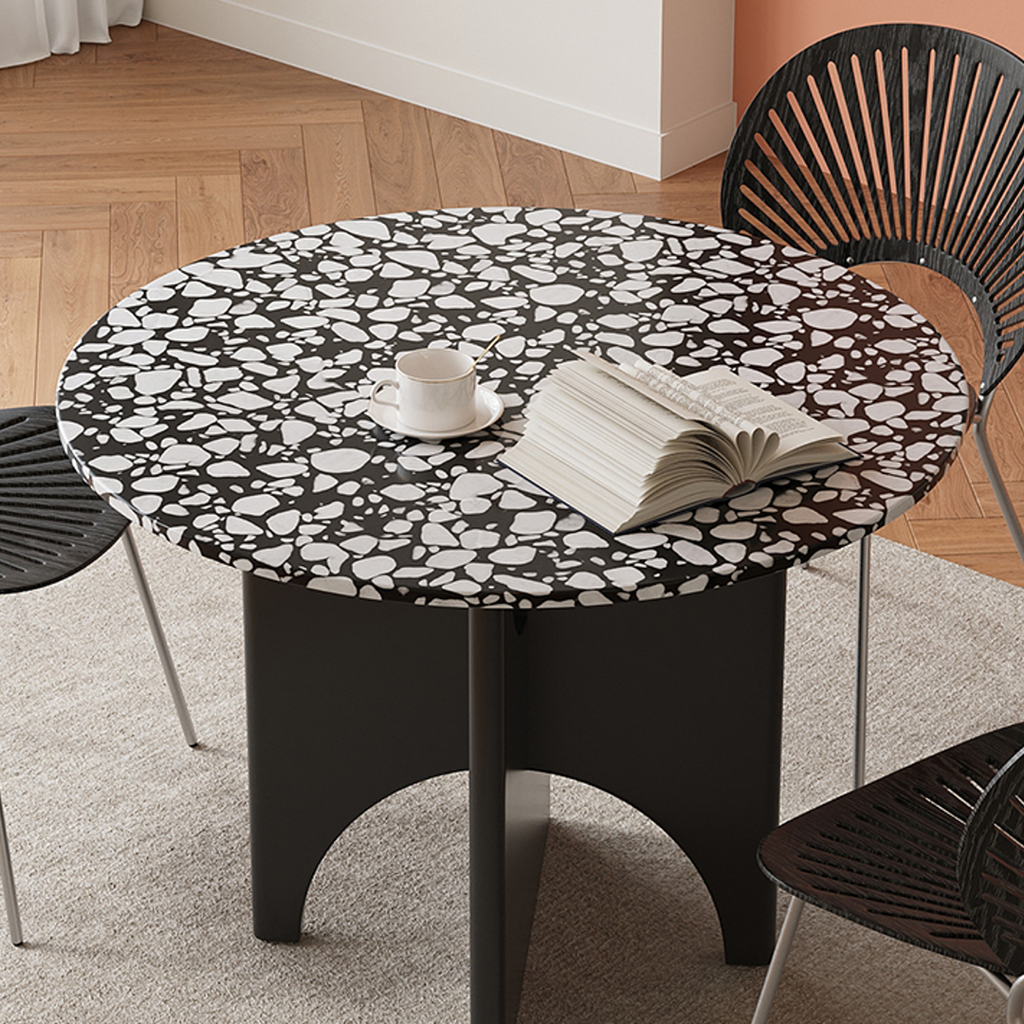 Oighrig Terrazzo Round Dining Table, side view of dining table pendant light