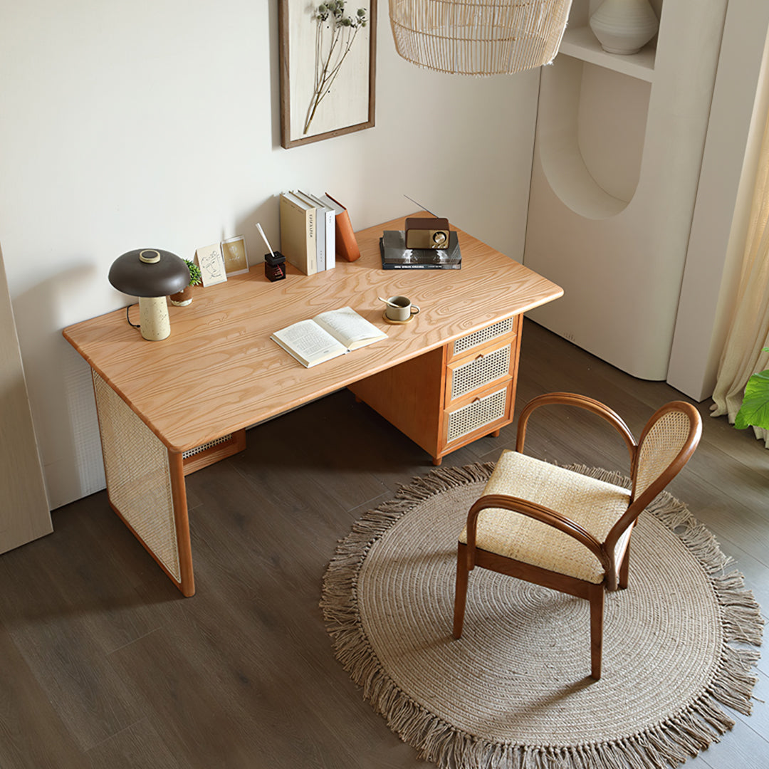 Detail view of Anya Office Desk With Storage & Office Chair, Ash Wood & Rattan with desks small office