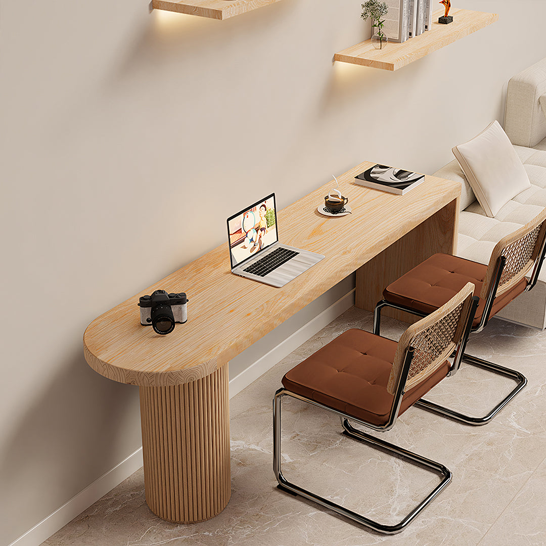 Detail view of Haruki Narrow Office Desk, Solid Wood, Light Oak with home office desk with storage