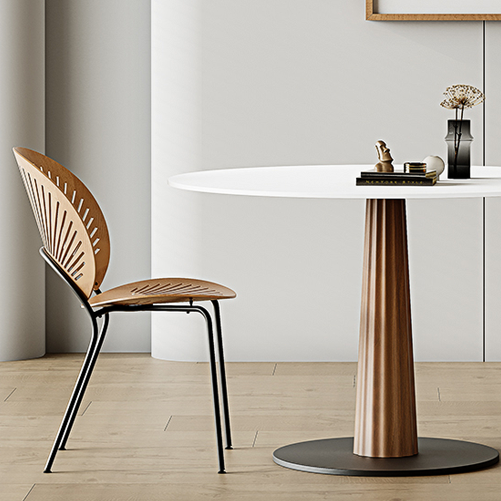 Anderson Small Round Dining Table, Sintered Stone & Solid Wood, side view of 8 seat dining room table and chairs