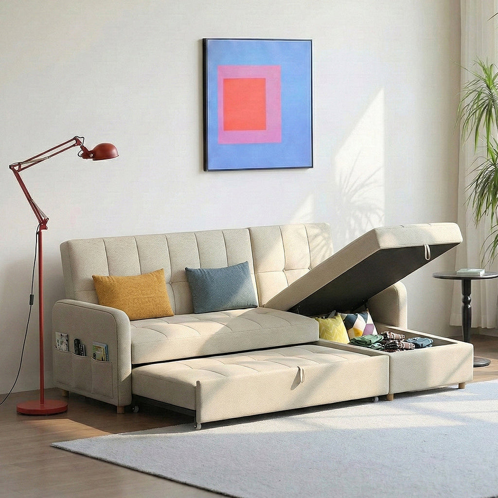Three Seater Sofa Bed, L Shape Sofa Bed With Storage, Linen with luxury sofa bed