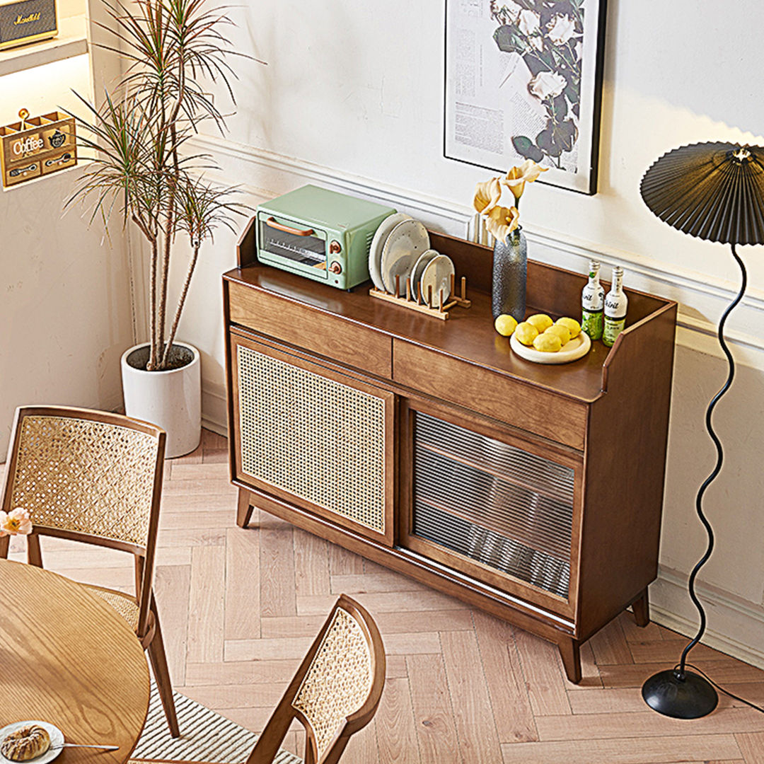 Detail view of Cameron Sideboard, Rattan Cabinet With Glass Sliding Door with sideboard grey gloss
