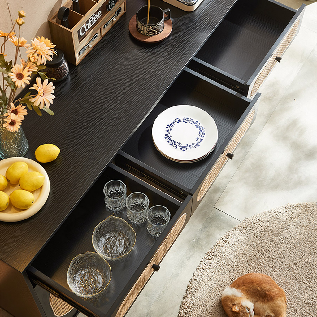 Ballard Rattan Sideboard, Black Or Oak in a lifestyle setting with sideboard modern oak