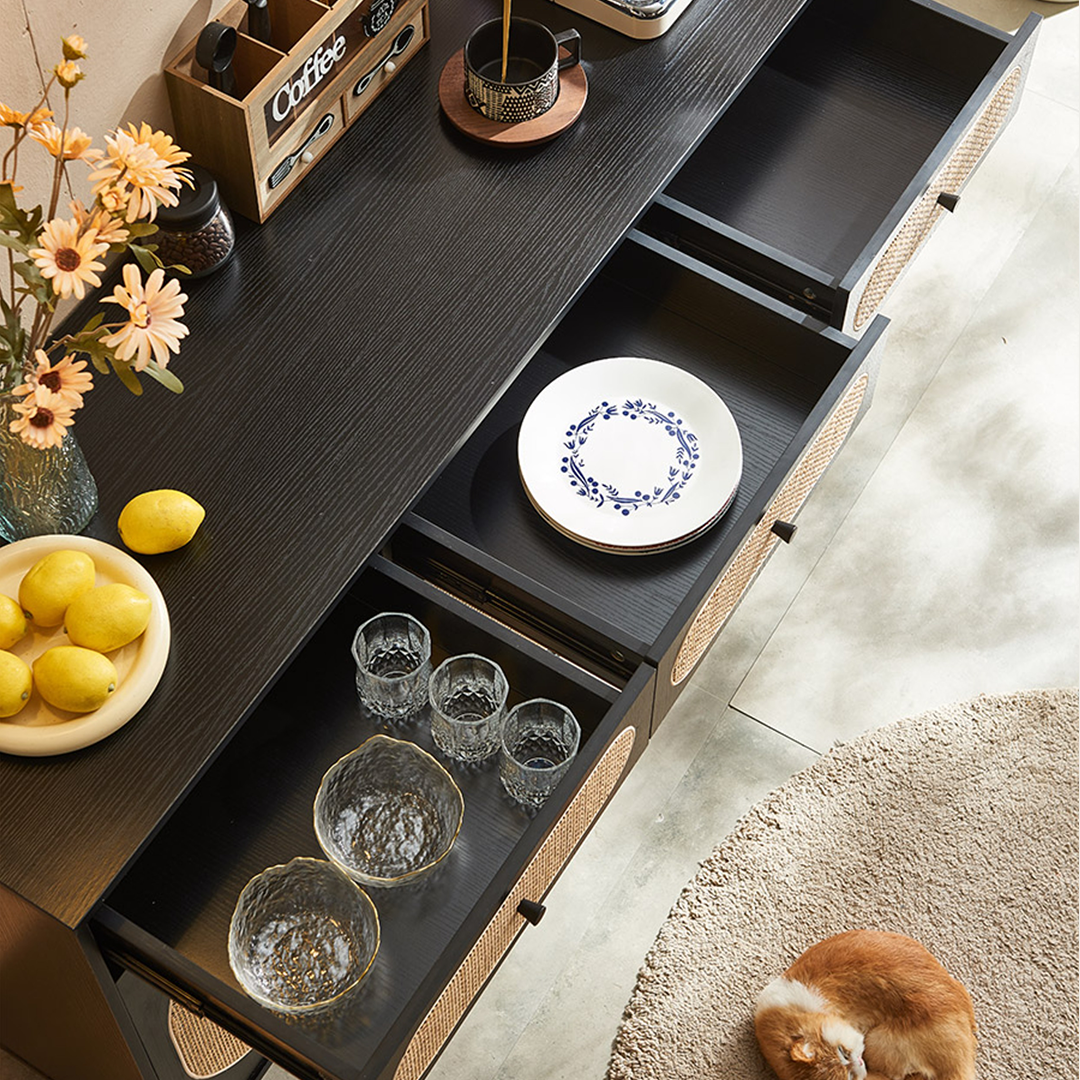 Ballard Rattan Sideboard, Black Or Oak in a lifestyle setting with sideboard modern oak