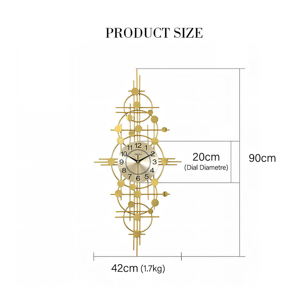 Cohen Art Deco Gold Wall Clock, Silent Clock, Horizontal Or Vertical with walnut sideboard