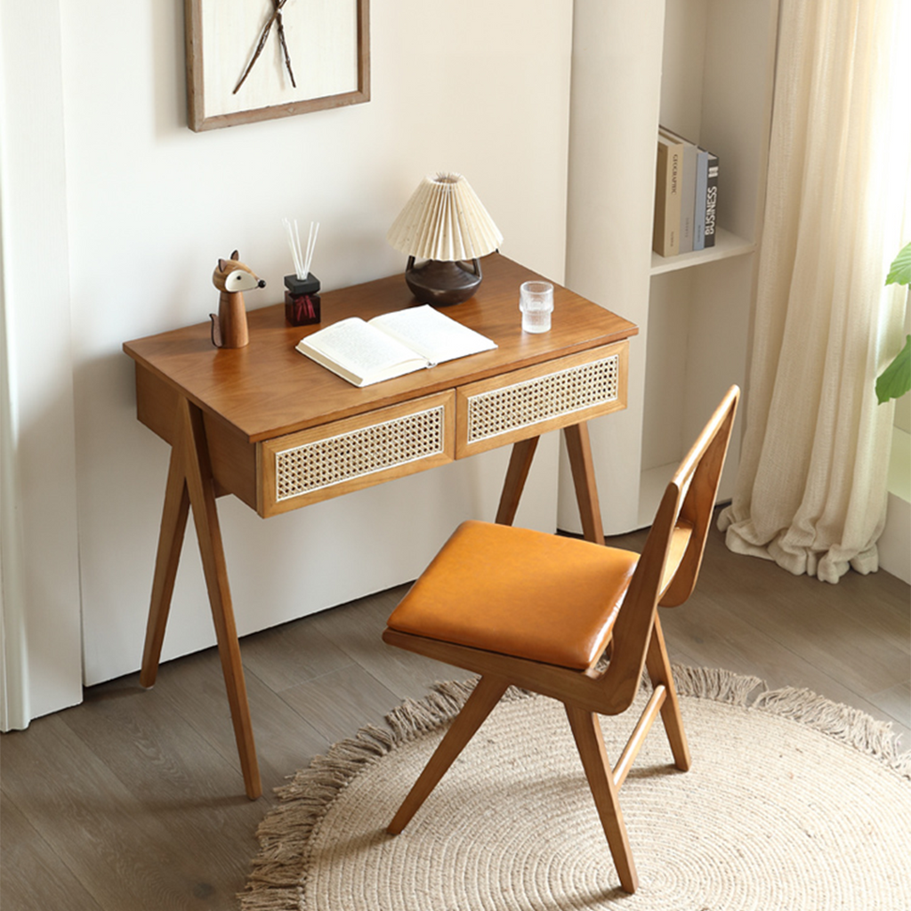 Babara Office Desk, Wood in a lifestyle setting with vintage office desk chair