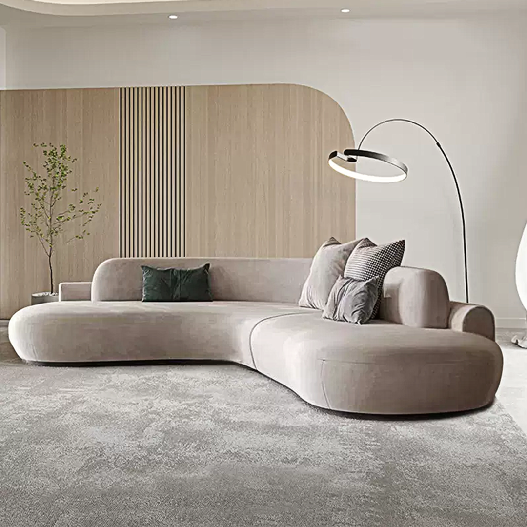 Cosima Grey Four Seater, Five Seater Curved Sofa, Long Sofa, Velvet with curved boucle sofa
