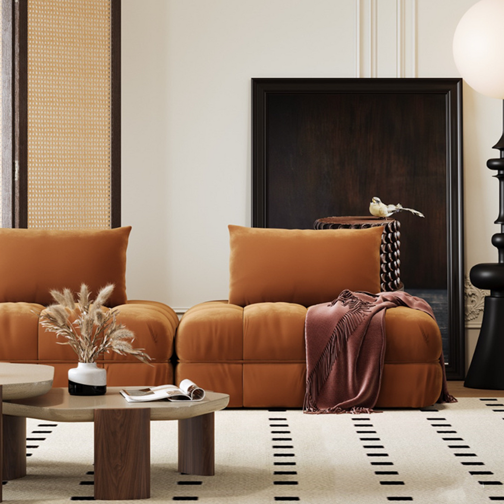 Paloma French Two Seater, Three Seater, Modular Sofa, Velvet in a lifestyle setting with fold down dining table