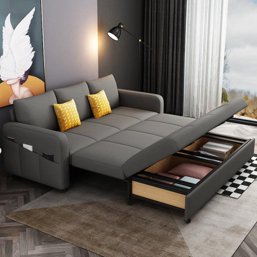 Detail view of Gabriel Two Seater Sofa Bed, Linen with boucle sofa bed