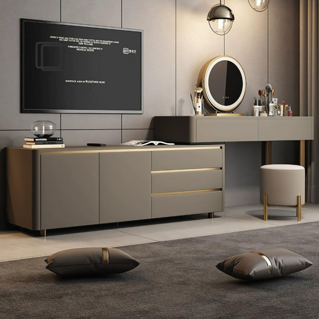 Dempsey Dressing Table With Sideboard, Extendable, Corner Dressing Table in a lifestyle setting with sideboard grey oak