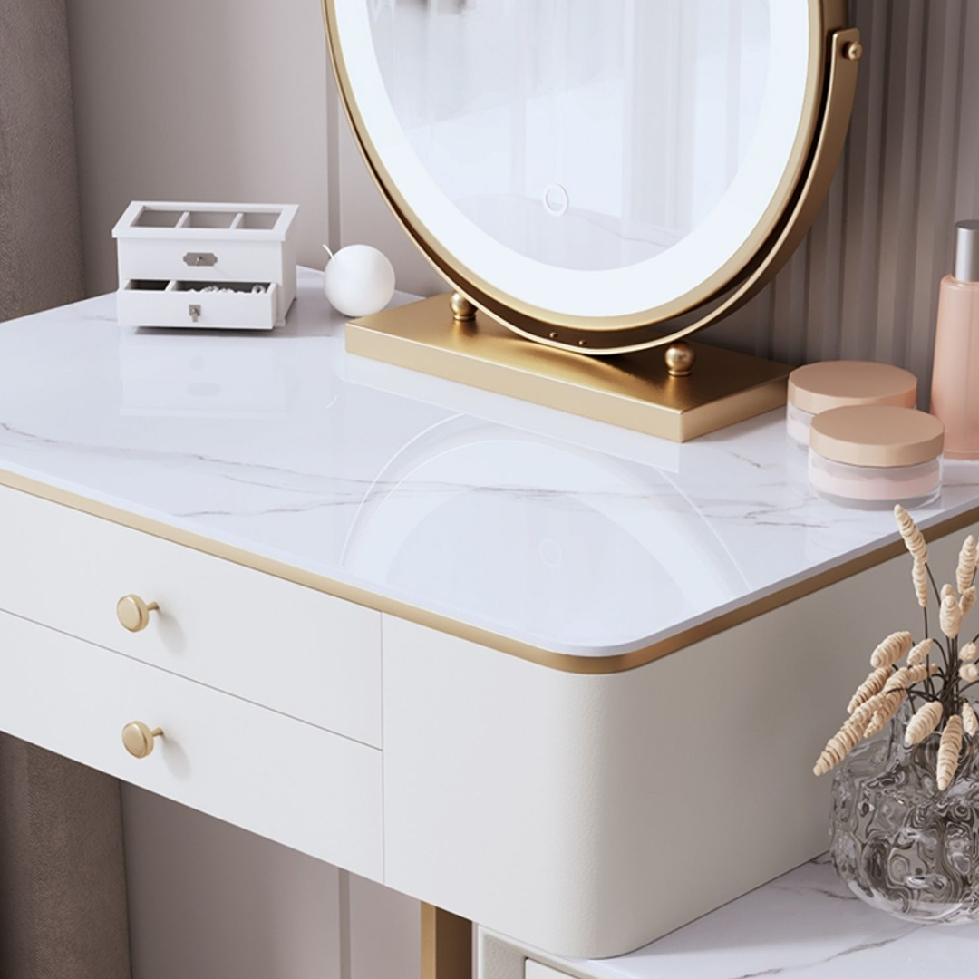 Lakin Dressing Table, White in a lifestyle setting with corner dining room table with bench