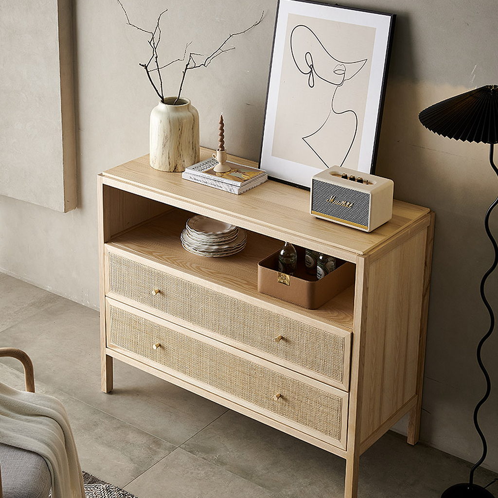 Detail view of San Vintage Sideboard, Rattan & Solid Wood, Oak with sideboard with marble top