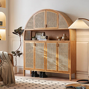 Detail view of Eisha Rattan Shoe Storage, Cupboard, Solid Wood with sideboard open