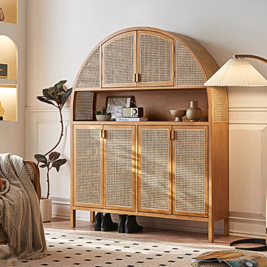 Detail view of Eisha Rattan Shoe Storage, Cupboard, Solid Wood with sideboard open