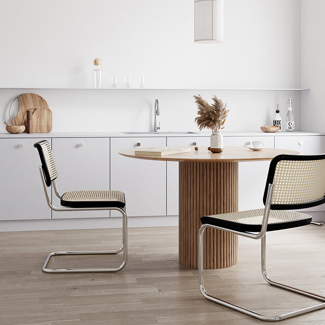 Ivar Round Dining Table, Oak Or Walnut with black dining table and chairs