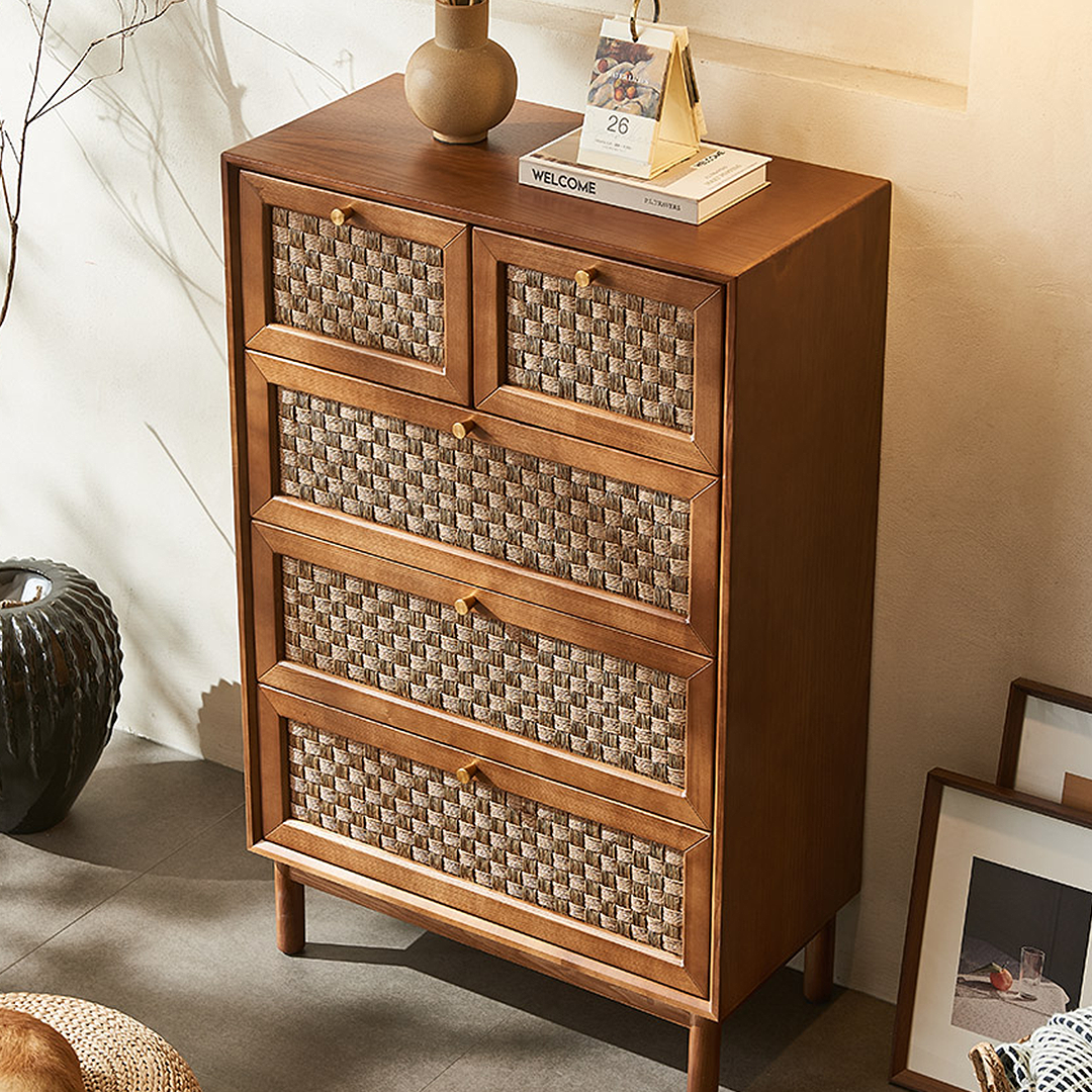 Detail view of Zulu Art Deco Sideboard, Solid Wood, Walnut with wooden sideboard cabinet