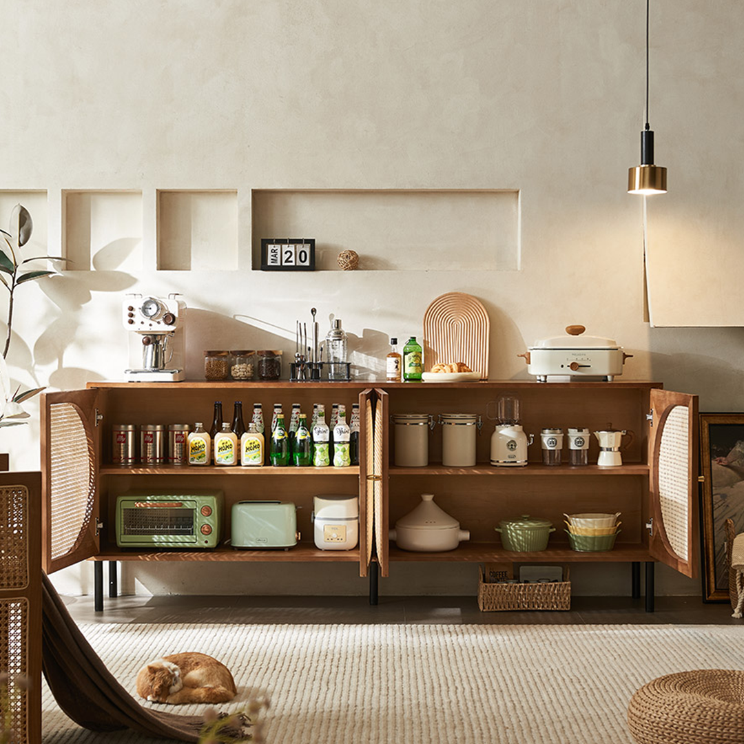 Detail view of Booker Rattan Sideboard, Solid Wood with small sideboard oak