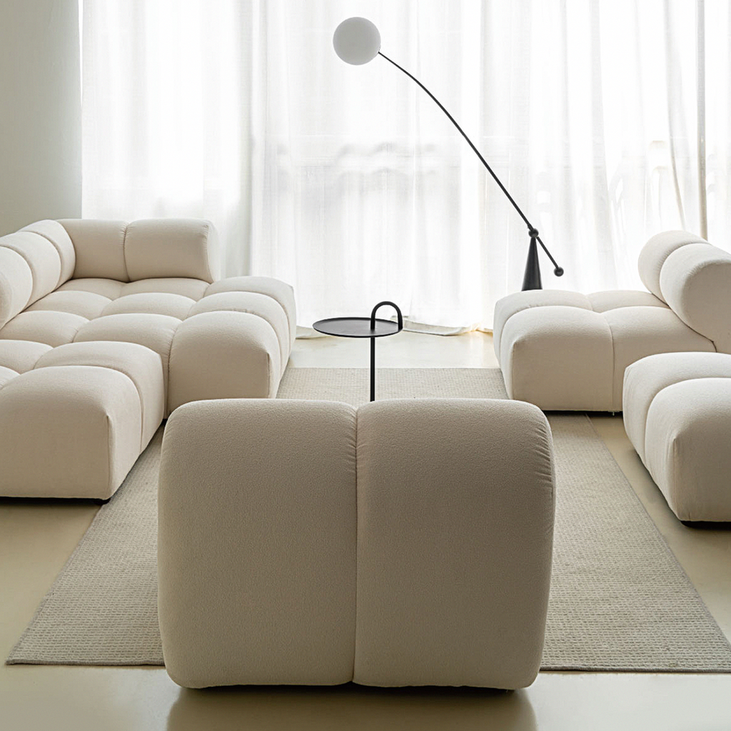 Lysander Velvet Module Three Seater, Four Seater, Five Seater Sofa, Corner Sofa, White in a lifestyle setting with corner table with sofa