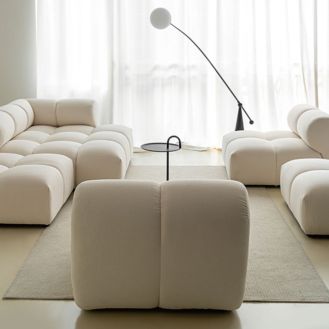 Lysander Velvet Module Three Seater, Four Seater, Five Seater Sofa, Corner Sofa, White in a lifestyle setting with corner table with sofa