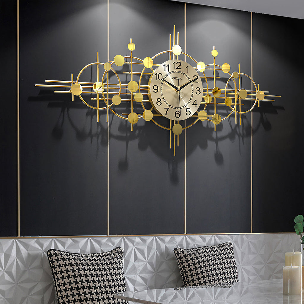 Detail view of Cohen Art Deco Gold Wall Clock, Silent Clock, Horizontal Or Vertical with oak sideboards