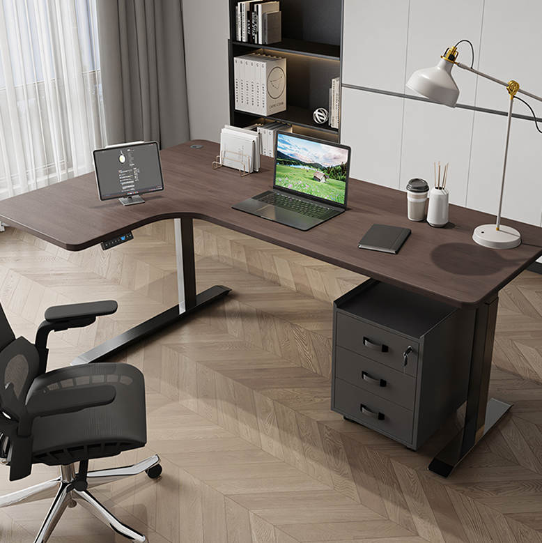 Smart Electric Standing Office Desk, Computer Corner Desk, side view of hidden office desk