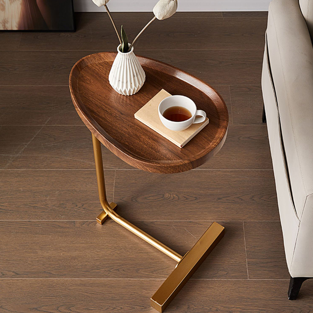 Isabeau Side Table, Wood in a lifestyle setting with mattress topper for sofa bed