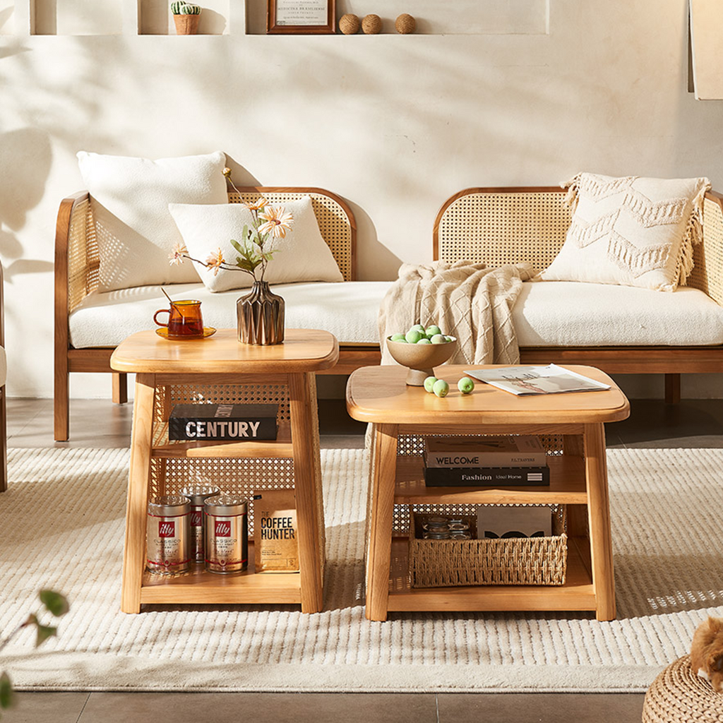 Nordic Square Coffee Table Set, Rattan in a lifestyle setting with dining room table pendant lighting