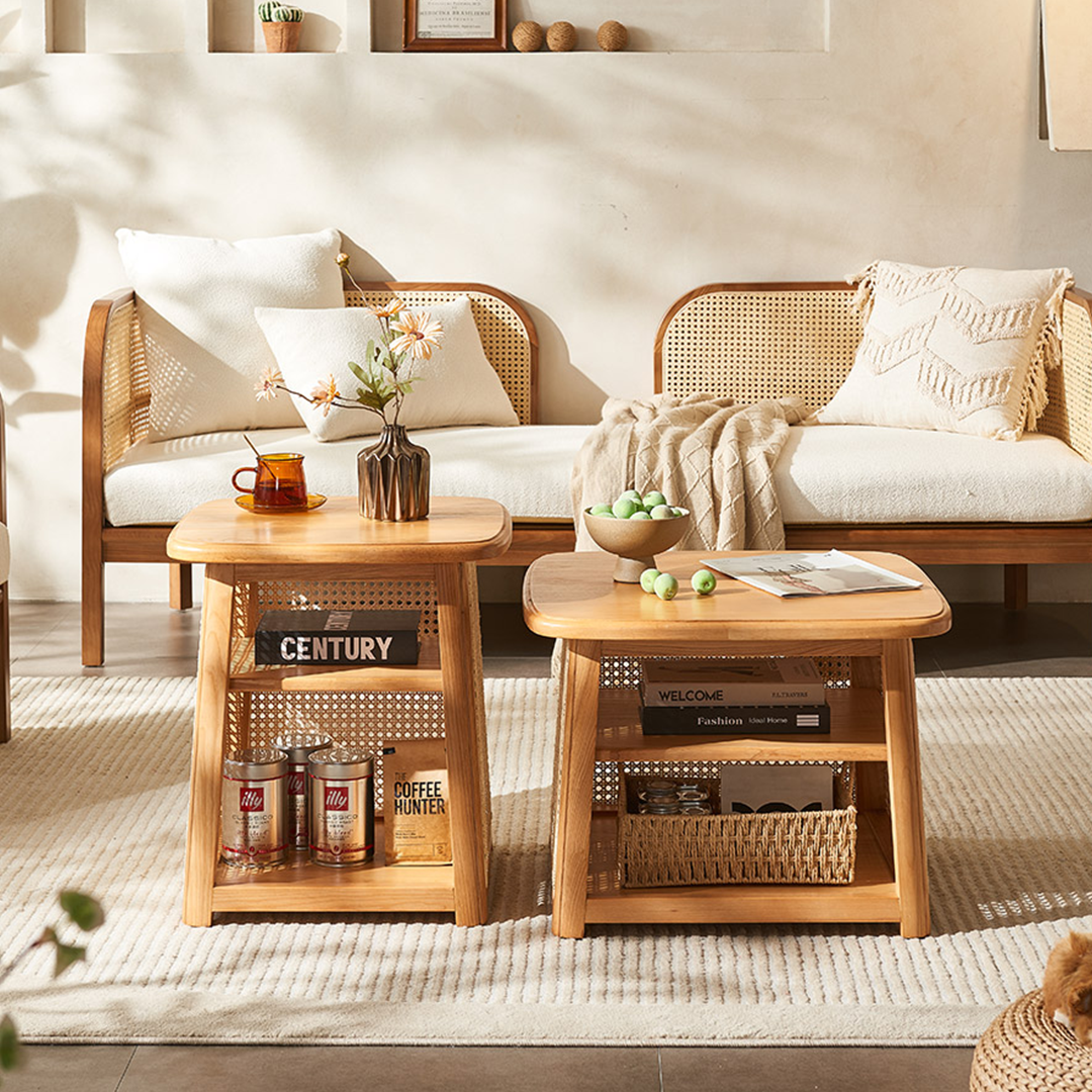 Nordic Square Coffee Table Set, Rattan in a lifestyle setting with dining room table pendant lighting