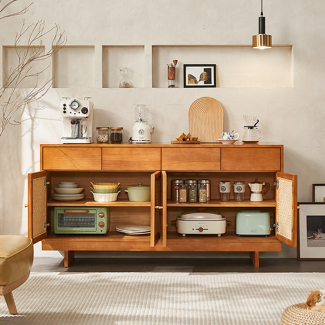 Detail view of Hadza Narrow Sideboard, Solid Wood with vintage ercol sideboard