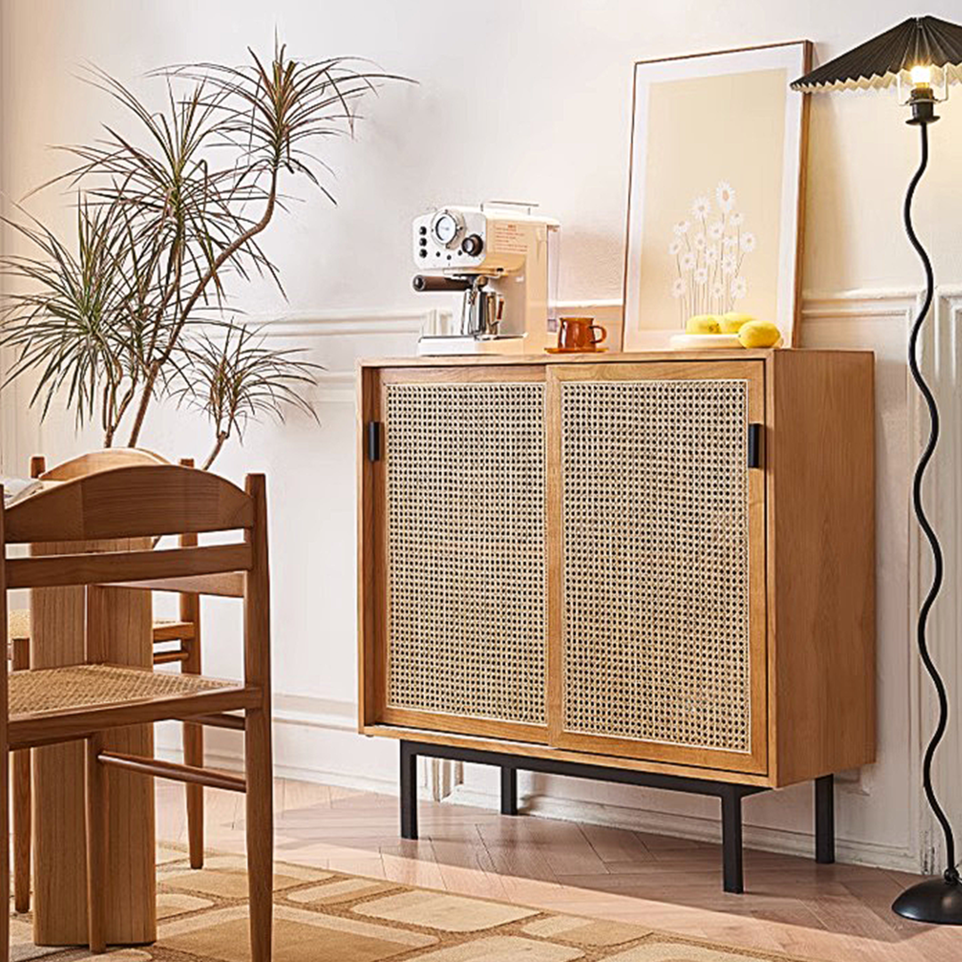 Detail view of Haven Rattan Sideboard, Side Cabinet with extra large oak sideboard