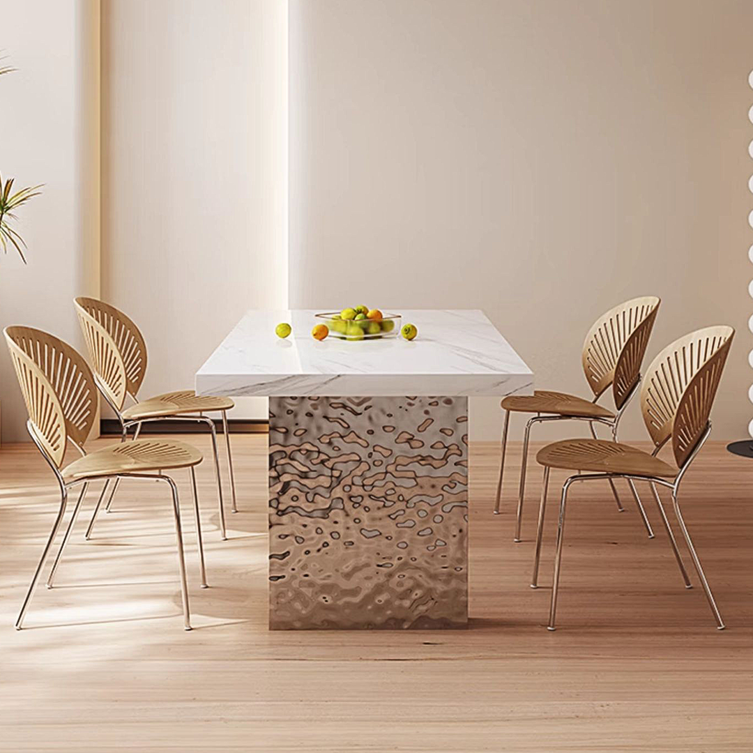 Madison Dining Table, White Sintered Stone & Acrylic in a lifestyle setting with white kitchen dining table and chairs