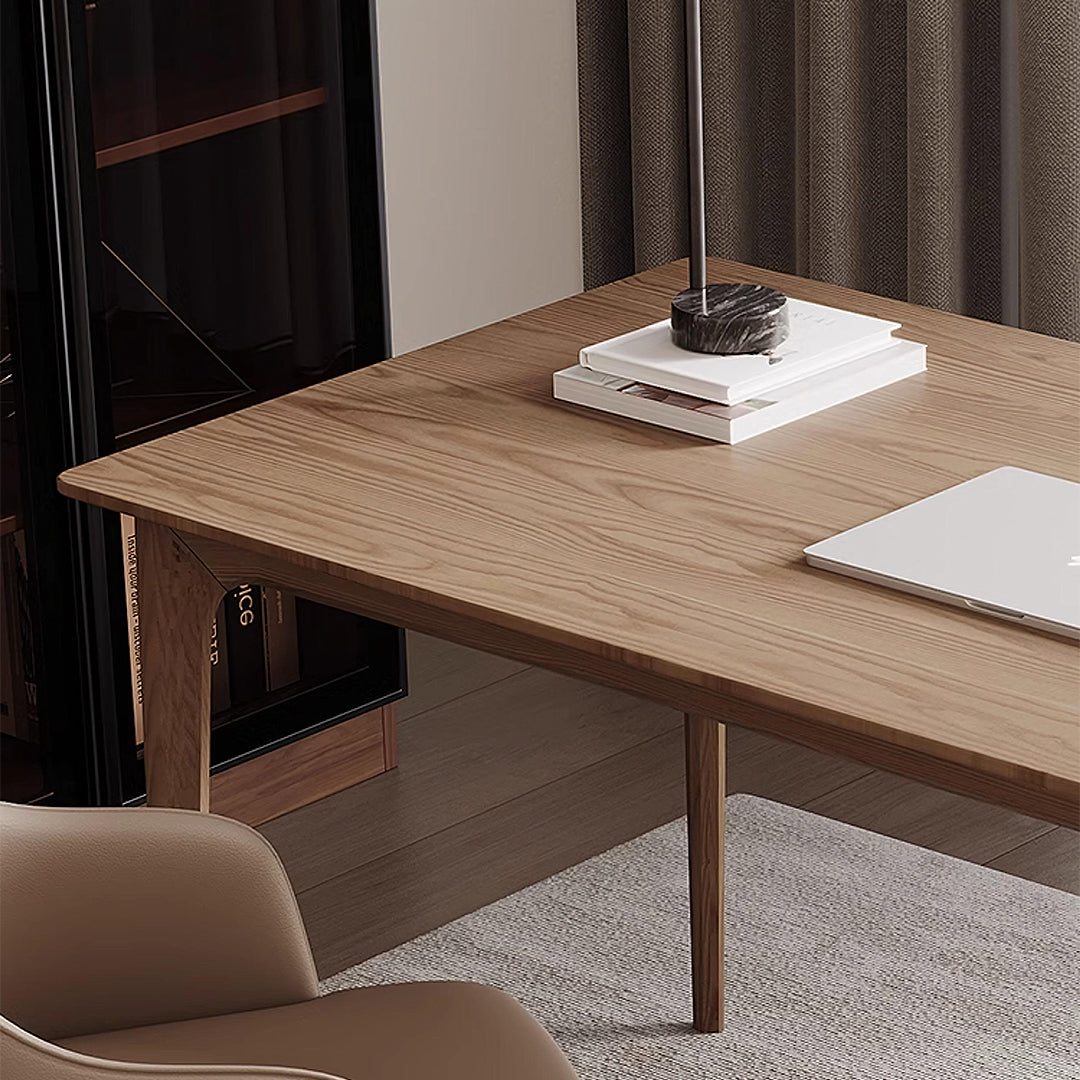 Detail view of Mei Office Desk, Solid Wood, Ash Wood with office desk chair without arms