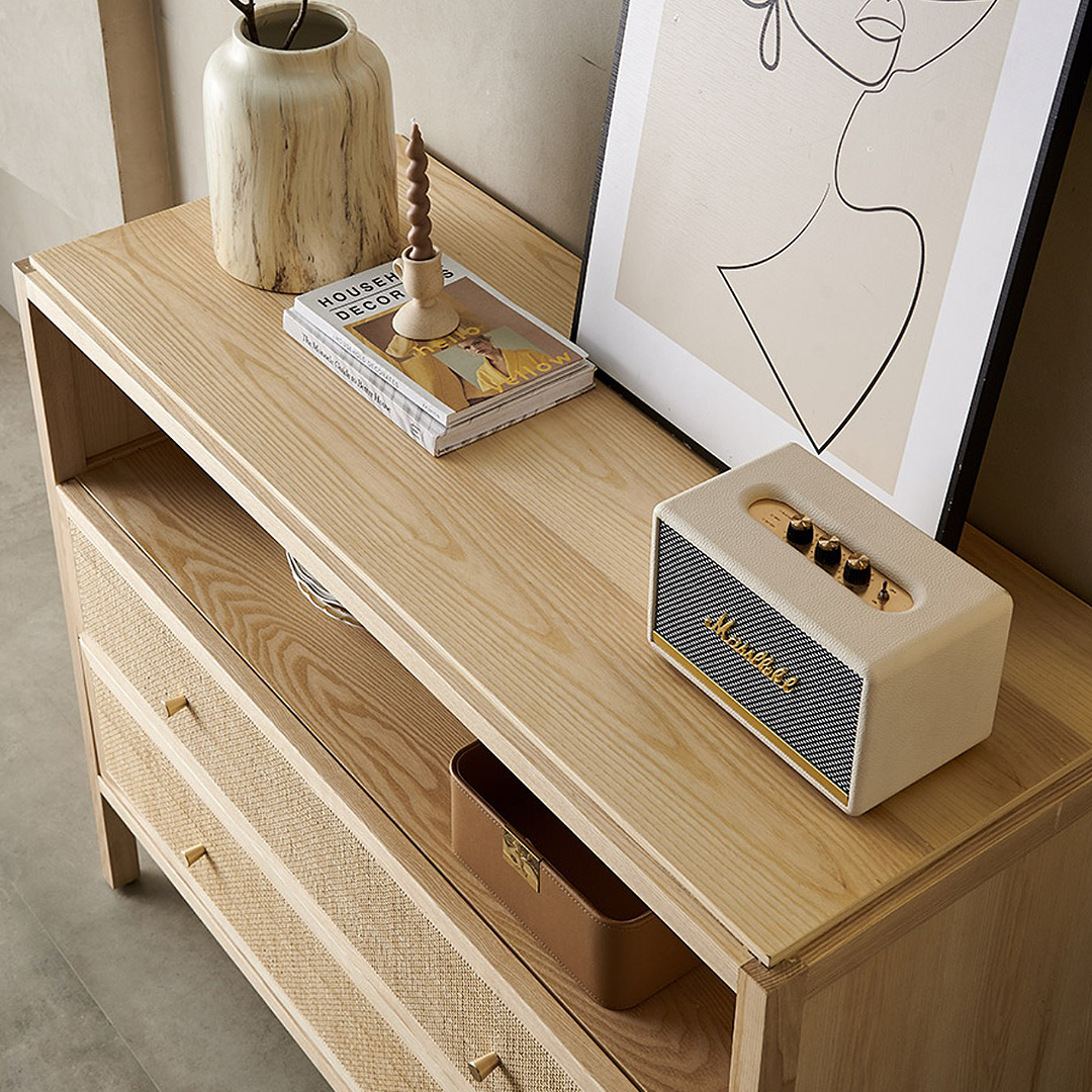 San Vintage Sideboard, Rattan & Solid Wood, Oak in a lifestyle setting with sideboard with tv stand
