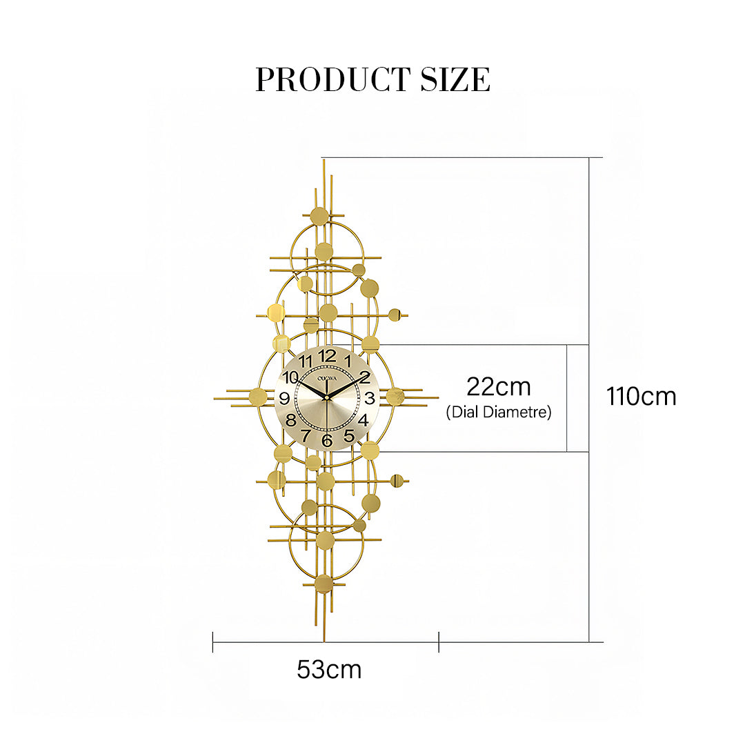 Cohen Art Deco Gold Wall Clock, Silent Clock, Horizontal Or Vertical with cream sideboard
