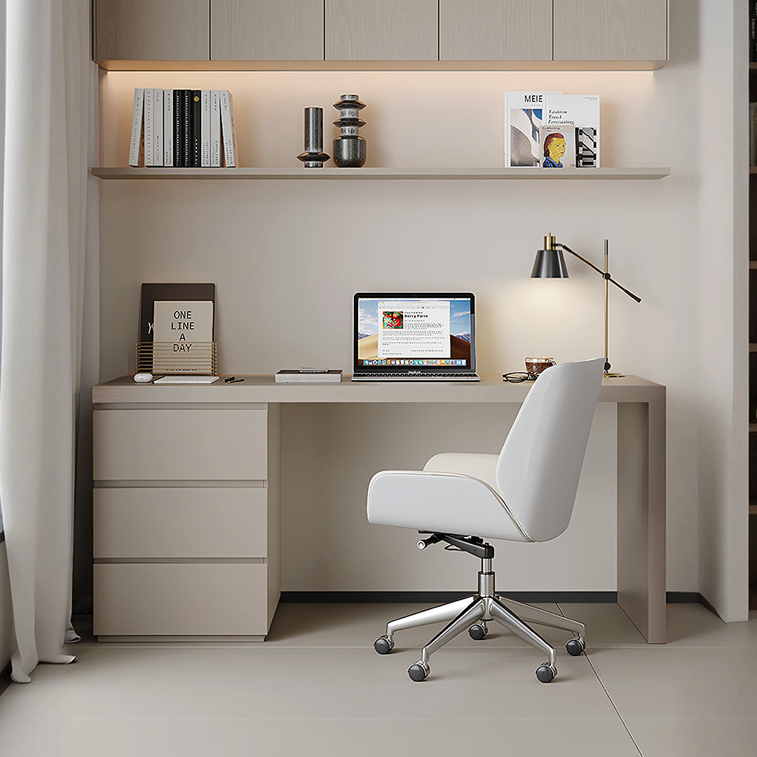 Jamal Office Desk With Storage & Office Chair, Solid Wood in a lifestyle setting with small office desk for home