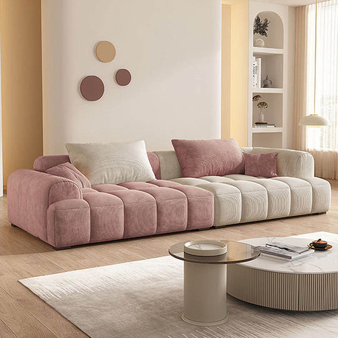 Arabella Module Sofa, Two Seater Sofa, Three Seater Sofa, Four Seater, Corduroy Fabric with italian leather corner sofa