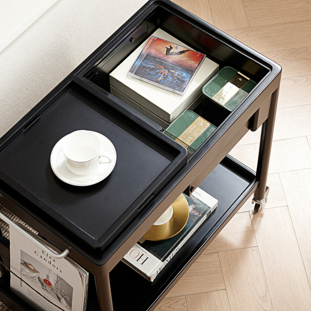 Orion With Magazine Rack Side Table With Trolleys, side view of dark green sideboard