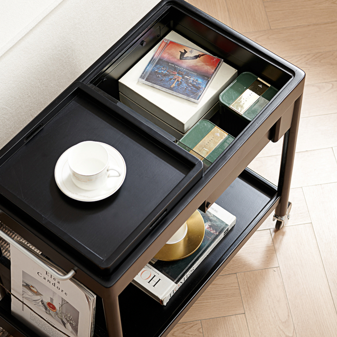 Orion With Magazine Rack Side Table With Trolleys, side view of dark green sideboard
