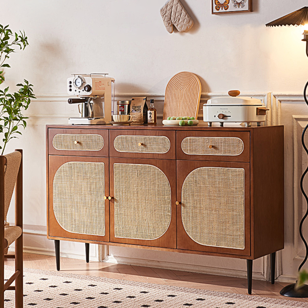 Antonio Long Sideboard, Solid Wood in a lifestyle setting with grey and black sideboard
