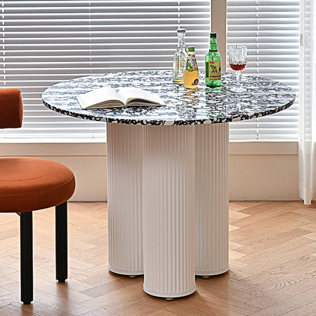 Martinez Small Round Dining Table, Marble in a lifestyle setting with 2nd hand dining table and chairs