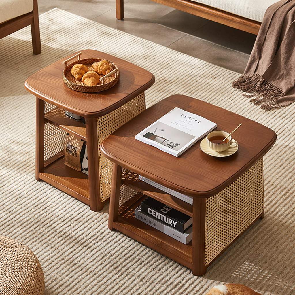 Nordic Square Coffee Table Set, Rattan, side view of dining room table 4 chairs
