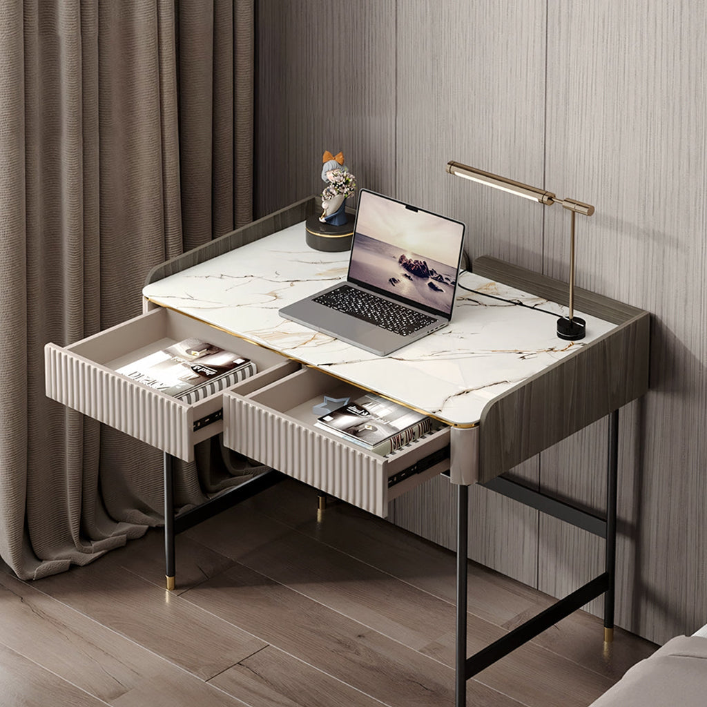 Mateo Office Desk With Drawers, With Shelves in a lifestyle setting with retro office desk chair